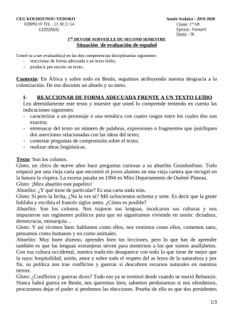 Première page de Espagnol 1ère A1, 1ère A2, 1ère B — 1er devoir surveillé, 2e semestre (2019-2020) · CEG Kouhounou-Vêdoko