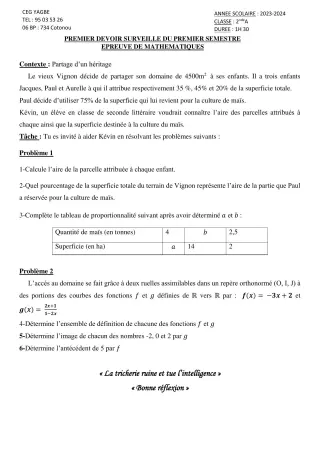 Première page de Mathématiques 2nde A — 1er devoir surveillé, 1er semestre (2023-2024) · CEG Yagbe