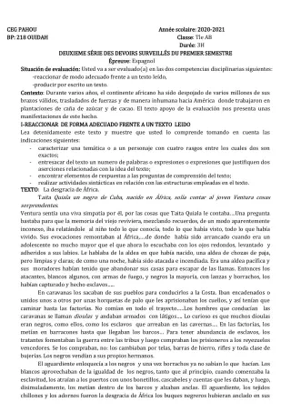 Première page de Espagnol Tle A1, Tle A2, Tle B — 2e devoir surveillé, 1er semestre (2020-2021) · CEG PAHOU