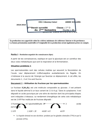 Première page de SVT 1ère D — Devoir surveillé, 2e semestre (2018-2019) · CEG2 ABOMEY - CALAVI (CEG ZOCA)
