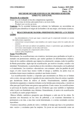 Première page de Espagnol 1ère A2 — 2e devoir surveillé, 1er semestre (2019-2020) · CEG ONIGBOLO