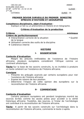 Première page de Histoire-Géographie 2nde A, 2nde B — 1er devoir surveillé, 1er semestre (2020-2021) · CEG du Lac