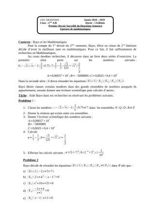 Première page de Mathématiques 2nde A1, 2nde A2, 2nde C, 2nde D — 1er devoir surveillé, 2e semestre (2018-2019) · CEG OKEDAMA