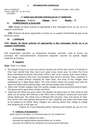 Première page de Anglais 3e — 1er devoir surveillé, 2e semestre (2021-2022) · CEG LE NOKOUE