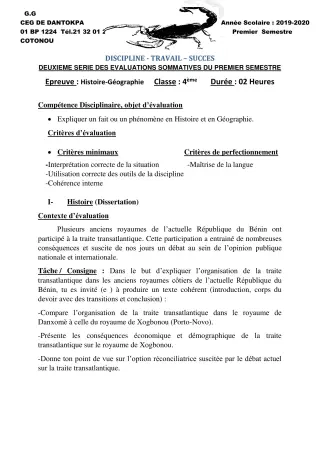 Première page de Histoire-Géographie 4e ML&MC, 1ère A2, 1ère B — 2e évaluation sommative, 1er semestre (2019-2020) · CEG Dantokpa