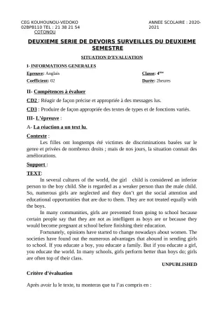 Première page de Anglais 4e — 2e devoir surveillé, 2e semestre (2020-2021) · CEG Kouhounou-Vêdoko