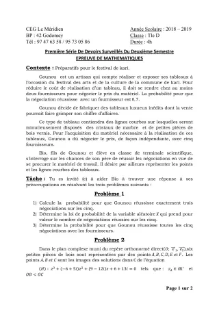 Première page de Mathématiques Tle D — 1er devoir surveillé, 2e semestre (2018-2019) · CEG Le Méridien
