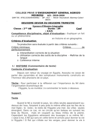Première page de Histoire-Géographie 6e, 5e, 4e, 4e ML, 3e, 3e ML, 2nde A, 2nde A1, 2nde A2, 2nde B, 2nde C, 2nde D, 1ère A, 1ère A1, 1ère A2, 1ère B, 1ère D, Tle A, Tle A1, Tle A2, Tle B, Tle C, Tle D — 2e devoir sur