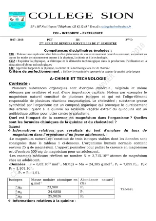 Première page de PCT 2nde D — 2e devoir surveillé, 1er semestre (2019-2020) · CEG PRIVE SION DES AD