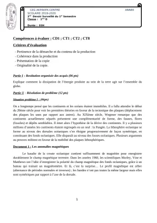 Première page de SVT 1ère D — 2e devoir surveillé, 1er semestre (2019-2020) · CEG 1 Akpakpa-Centre