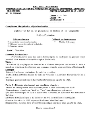 Première page de Histoire-Géographie 1ère C, 1ère D — 1re production scolaire, 1er semestre (2019-2020) · CEG SEHOUE