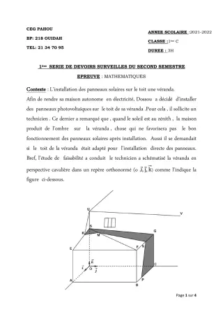 Première page de Mathématiques 1ère C — 1er devoir surveillé, 2e semestre (2021-2022) · CEG PAHOU