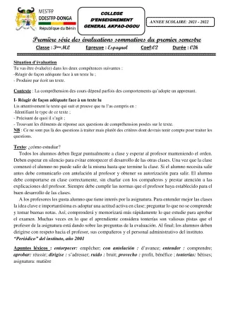 Première page de Espagnol 4e, 3e — 1re évaluation sommative, 1er semestre (2021-2022) · CEG Akpao-Ogou