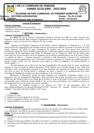 Première page de Histoire-Géographie Tle A2 — 2e devoir surveillé, 1er semestre (2023-2024) · CEG SEKERE