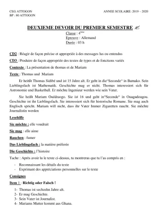 Première page de Allemand 4e ML — 2e devoir surveillé, 1er semestre (2019-2020) · CEG Attogon