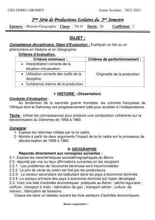 Première page de Histoire-Géographie Tle D — 2e production scolaire, 2e semestre (2022-2023) · CEG GOHO