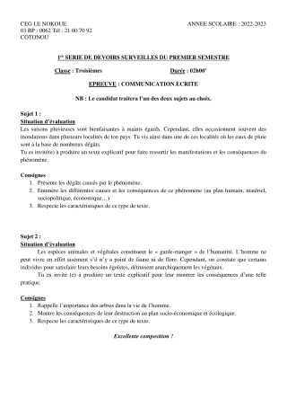Première page de Français 3e — 1er devoir surveillé, 1er semestre (2022-2023) · CEG LE NOKOUE