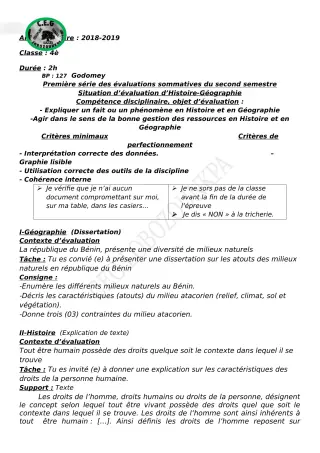 Première page de Histoire-Géographie 4e, 4e ML — 1re évaluation sommative, 2e semestre (2018-2019) · CEG Lobozounkpa