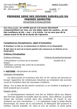 Première page de Histoire-Géographie 3e — 1er devoir surveillé, 1er semestre (2023-2024) · CEG Galata
