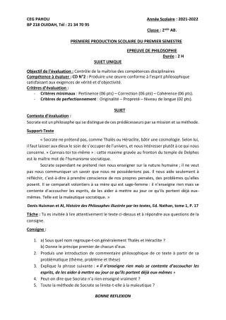Première page de Philosophie 2nde A2, 2nde B — 1re production scolaire, 1er semestre (2021-2022) · CEG PAHOU