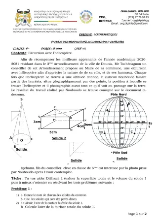 Première page de Mathématiques 6e — 1re production scolaire, 1er semestre (2022-2023) · CEG1 Ikpinlè