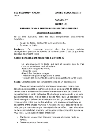 Première page de Espagnol 3e ML — 1er devoir surveillé, 2e semestre (2018-2019) · CEG2 ABOMEY - CALAVI (CEG ZOCA)