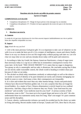 Première page de Anglais Tle A2, Tle B, Tle C, Tle D — 2e devoir surveillé, 1er semestre (2019-2020) · CEG L'Entente