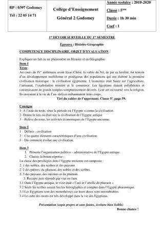 Première page de Histoire-Géographie 5e — 1er devoir surveillé, 1er semestre (2019-2020) · CEG2 Godomey