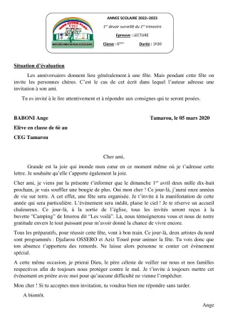 Première page de Français 6e — 1er devoir surveillé, 1er trimestre (2022-2023) · CPEG MON AVENIR PLUS