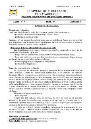 Première page de Espagnol 2nde A1, 1ère A1, Tle A2 — 2e devoir surveillé, 2e semestre (2019-2020) · CEG AYAHOHOUE