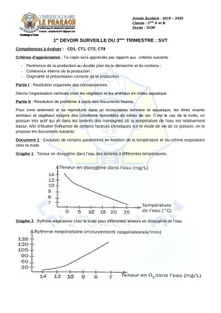 Première page de SVT 2nde A, 2nde B — 1er devoir surveillé, 3e trimestre (2019-2020) · CPEG LE PHARAON