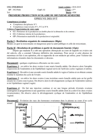 Première page de SVT 3e, 3e ML — 1re production scolaire, 2e semestre (2018-2019) · CEG ONIGBOLO
