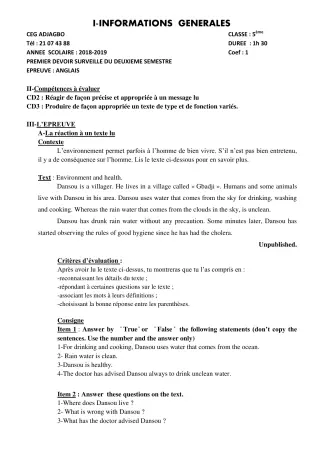 Première page de Anglais 5e — 1er devoir surveillé, 2e semestre (2018-2019) · CEG ADJAGBO