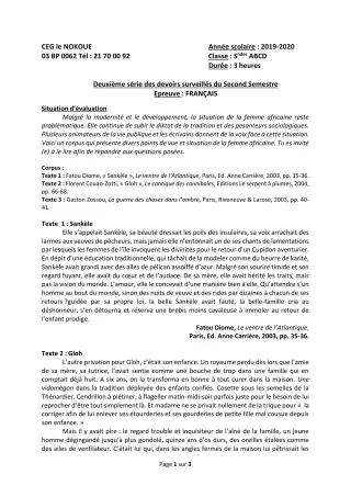 Première page de Français 2nde D — 2e devoir surveillé, 2e semestre (2019-2020) · CEG LE NOKOUE