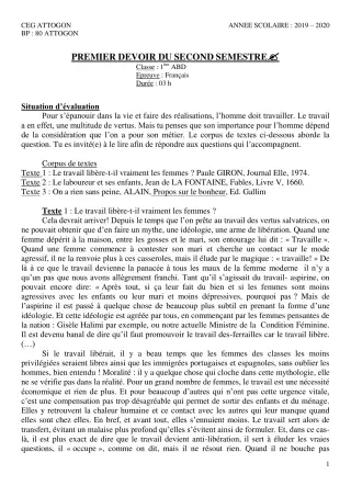 Première page de Français 1ère A & B, 1ère A1, 1ère A2, 1ère B, 1ère D — 1er devoir surveillé, 2e semestre (2019-2020) · CEG Attogon