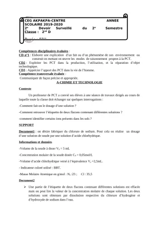 Première page de PCT 2nde D — 2e devoir surveillé, 2e semestre (2019-2020) · CEG 1 Akpakpa-Centre