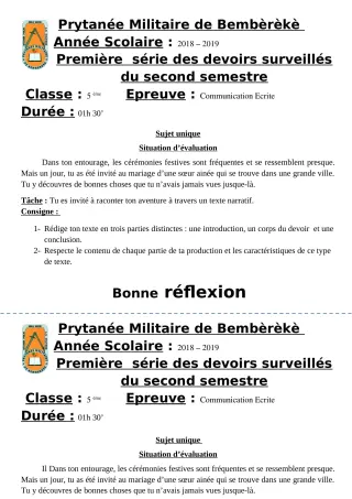 Première page de Français 5e — 1er devoir surveillé, 2e semestre (2018-2019) · PMB
