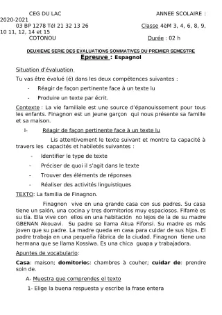 Première page de Espagnol 4e ML — 2e évaluation sommative, 1er semestre (2020-2021) · CEG du Lac