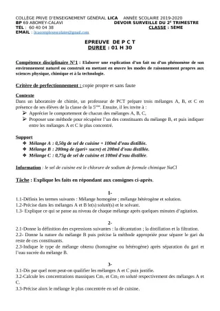Première page de PCT 5e — 1er devoir surveillé, 2e trimestre (2019-2020) · CPEG LICA