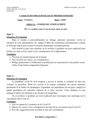 Première page de Français 3e, 3e ML — 1er devoir surveillé, 1er semestre (2021-2022) · CEG LE NOKOUE