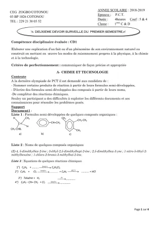 Première page de PCT 6e, 5e, 4e, 3e, 2nde C, 2nde D, 1ère C, 1ère D, Tle C, Tle D — 2e devoir surveillé, 1er semestre (2018-2019) · CEG ZOGBO