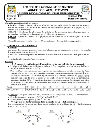 Première page de PCT Tle D — 2e devoir surveillé, 1er semestre (2023-2024) · CEG SEKERE
