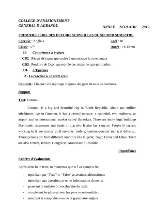 Première page de Anglais 6e, 5e, 4e — 1er devoir surveillé, 2e semestre (2019-2020) · CEG AGBANOU