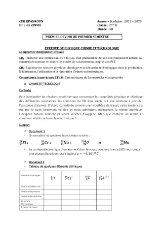 Première page de PCT 2nde D — 1er devoir surveillé, 1er semestre (2019-2020) · CEG Kpanroun