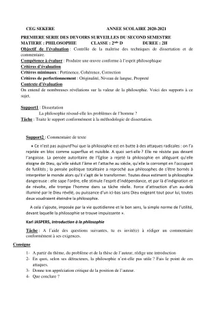 Première page de Philosophie 2nde D — 1er devoir surveillé, 2e semestre (2020-2021) · CEG SEKERE