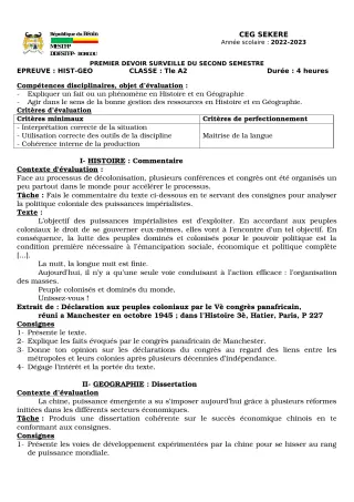 Première page de Histoire-Géographie Tle A2 — 1er devoir surveillé, 2e semestre (2022-2023) · CEG SEKERE