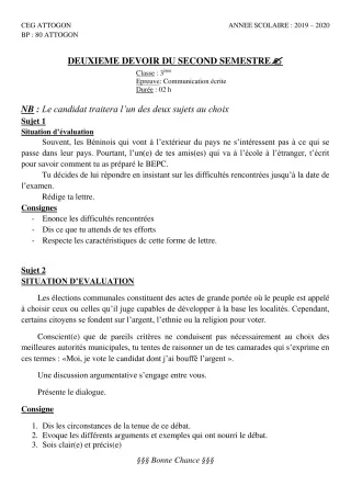 Première page de Français 3e — 2e devoir surveillé, 2e semestre (2019-2020) · CEG Attogon