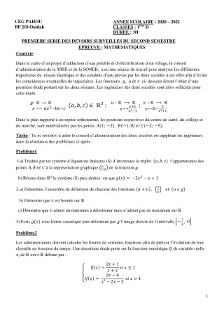 Première page de Mathématiques 1ère D — 1er devoir surveillé, 2e semestre (2020-2021) · CEG PAHOU