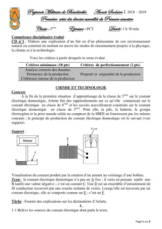 Première page de PCT 5e — 1er devoir surveillé, 1er semestre (2019-2020) · CPEG LICA