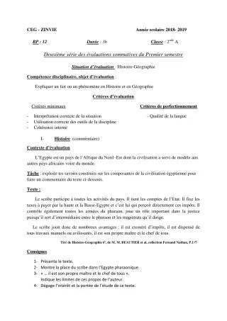Première page de Histoire-Géographie 2nde A — 2e évaluation sommative, 1er semestre (2018-2019) · CEG Zinvié